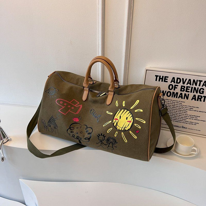 만화 패턴 대용량 수납 토트 파우치 캔버스 경량 수하물 가방 휴대용 여행