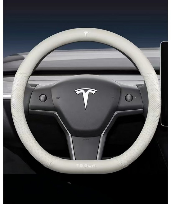테슬라 모델 3 Y S X 로드스터 스웨이드 미끄럼 방지 통기성 가죽 자동차 핸들, 흰 가죽