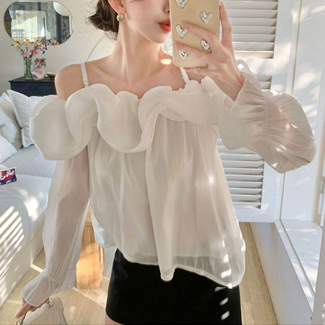 루씨앤 라카토 오프숄더 긴팔 시스루 여성 블라우스 휴양지 여름 섹시셔츠 쉬폰 3038
