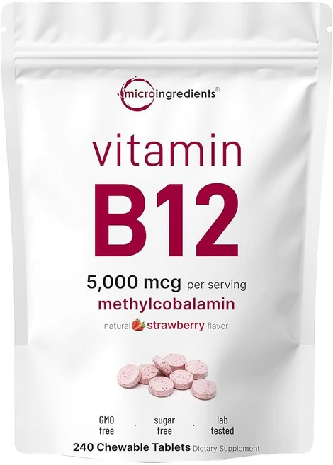 Micro Ingredients 비타민 B12 5 000mcg | 메틸코발라민 - 츄어블 태블릿 240정 | 빠른 용해 천연 딸기 맛 | 비건 GMO 프리 글루텐 프리, 1개 - 쿠팡