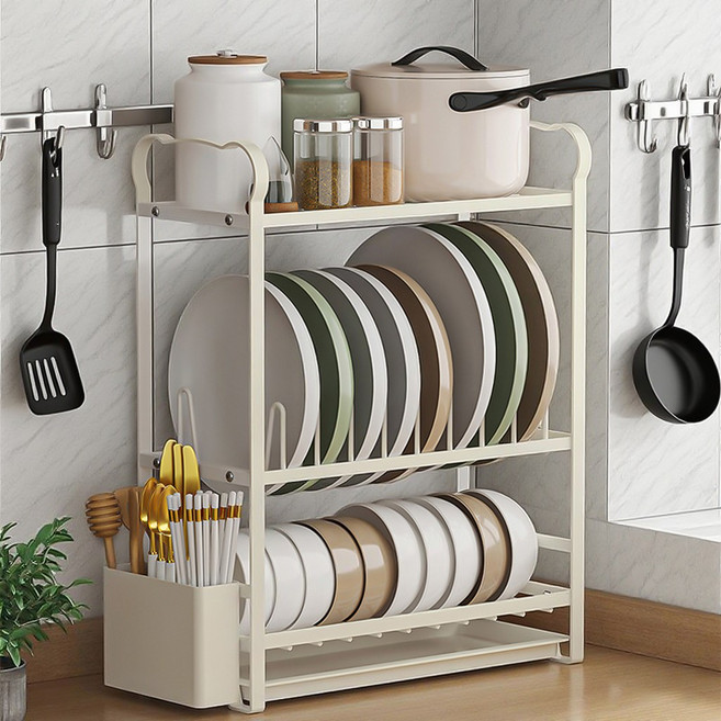 주방 다기능 식기건조대 자동 물빠짐 설거지건조대 세트, 1개, 아이보리, 3단