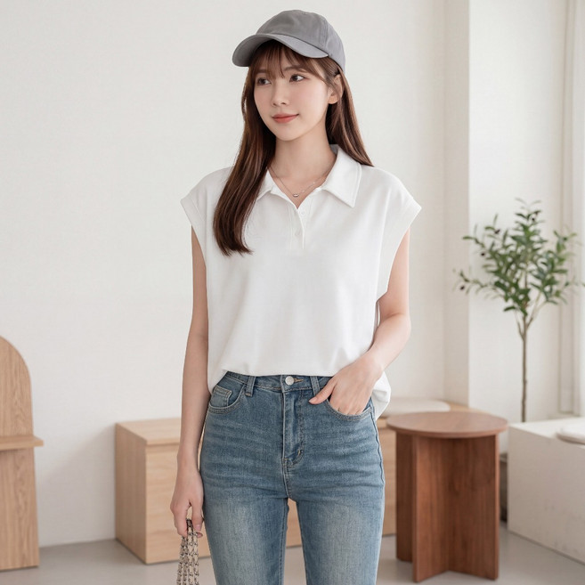 親膚彈力顯瘦太空棉POLO衫 polo衫 有領上衣 無袖上衣女