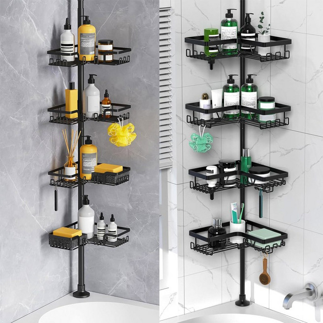 욕실 벽구석 삼각 수납선반 홀더리스 천장바닥 신축형 높이조절, 1세트, 블랙