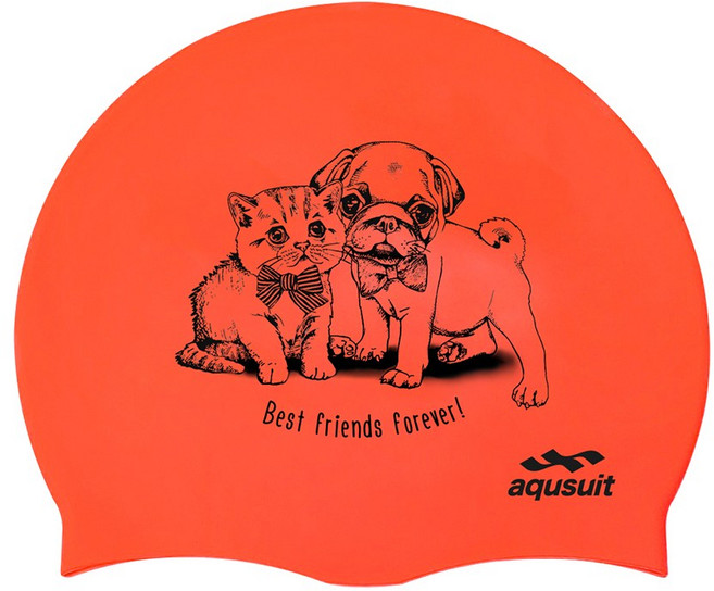 국내생산 아퀴스트 디자인 수영 모자 실리콘 수모, 캣독, 오렌지, 1개