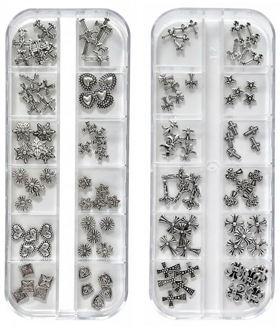 포트렘 네일 파츠 큐빅 실버 크롬 십자가 24종 세트, 1개, 실버크롬