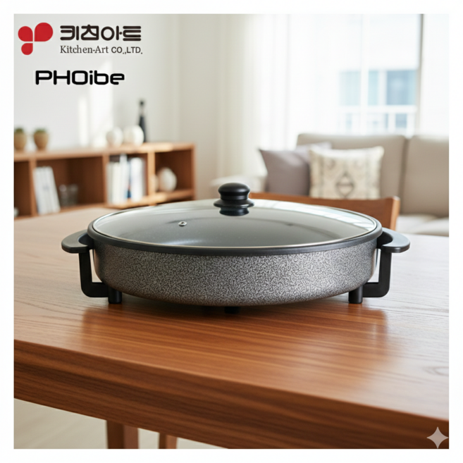 키친아트 42cm 대형 전기 그릴팬 명절 전부치기 피자팬, 내열유리뚜껑