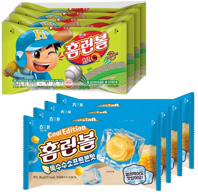 해태 홈런볼 옥수수소프트콘맛+ 초코맛, 8개, 42.5g