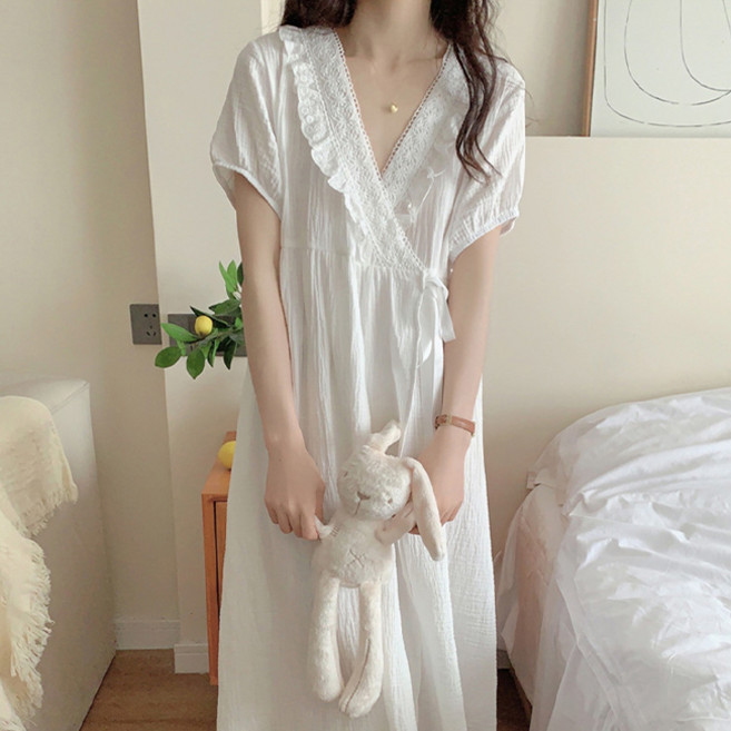 느낌그대로 브이넥 반팔 가운원피스파자마 (면 100% 순면 화이트 공주 잠옷 봄 홈웨어 임산부 수유 임부복 여성 원피스잠옷 신혼부부)