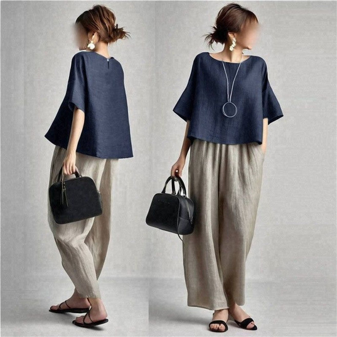 여성투피스 반팔 린넨 밴딩 와이드 팬츠 세트업 여름 캐주얼 데일리 여름 블라우스 여름바지 NLN26040160 35