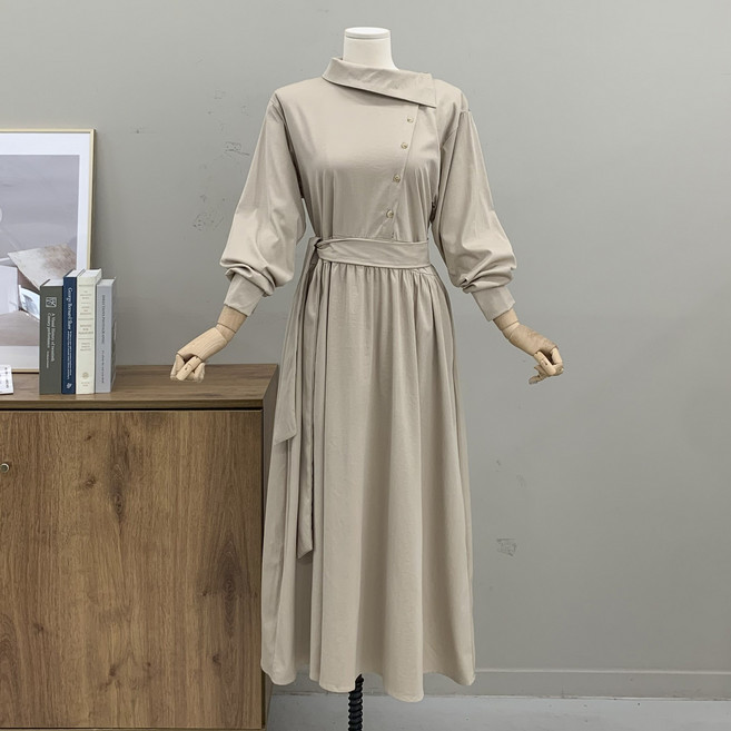 행복여 랜디 사선 넥 카라 플레어 셔츠 원피스