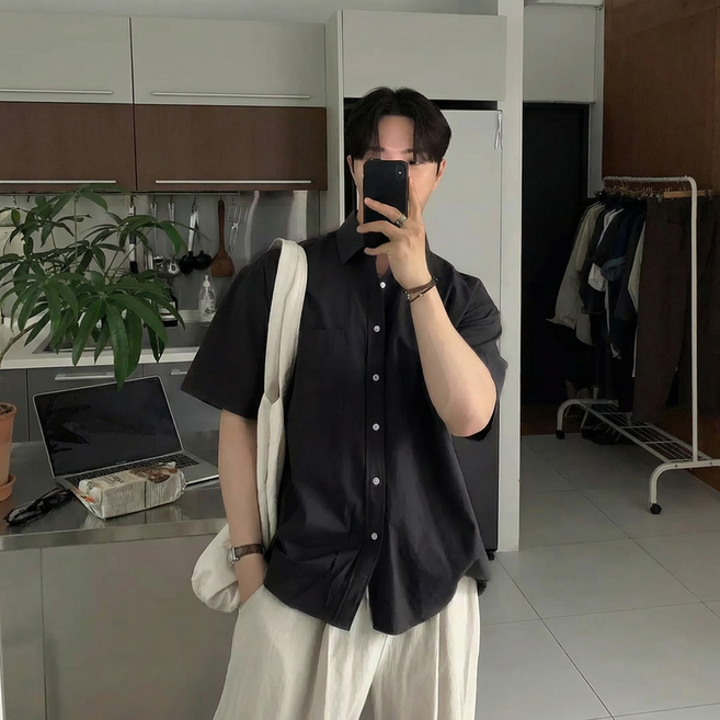 ANYOU 남성 여름 오버핏 반소매 셔츠 세미캐주얼 데일리 남방