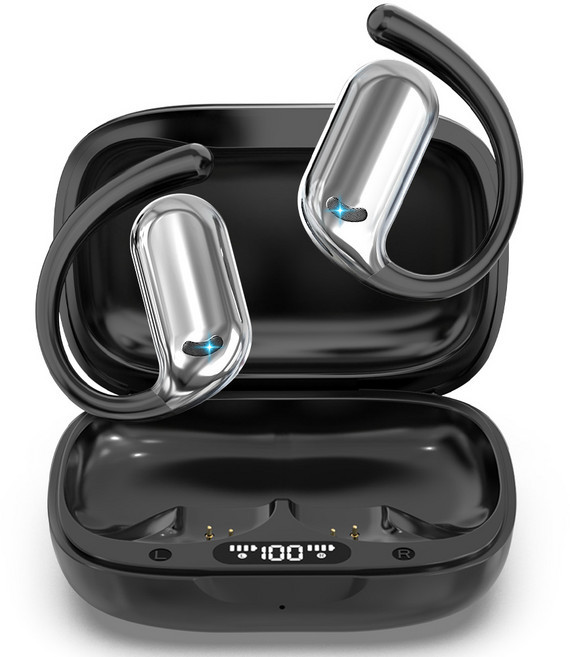 THOUSTA 오픈형 귀걸이형 이어폰 무선 블루투스5.4 고음질 노이즈 캔슬링 공기전도 이어셋, 블랙