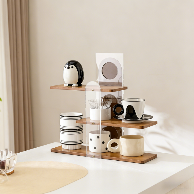 다기능 아크릴 우드 3단 수납 선반 컵 소품 정리 책상 거실 다용도 랙, 3개, 다색