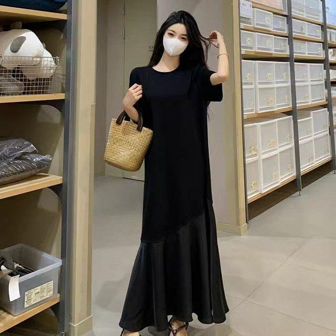 黑色赫本風拼接連衣裙寬鬆休閒遮肚顯瘦長裙子女, 黑色 【偏小碼建議拍大一碼】,M, 黑色