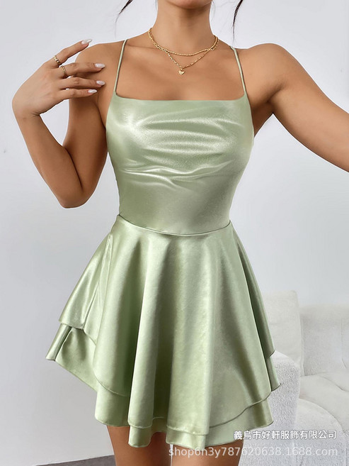 夏季歐美性感百褶女士吊帶連衣裙露背抽繩抹胸色丁, 抹茶色