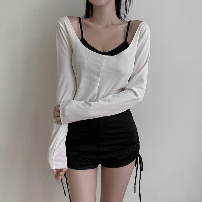 [커버업] 디그어 오프숄더 비키니 긴팔 셔링 반바지 수영복, 아이보리(블랙)