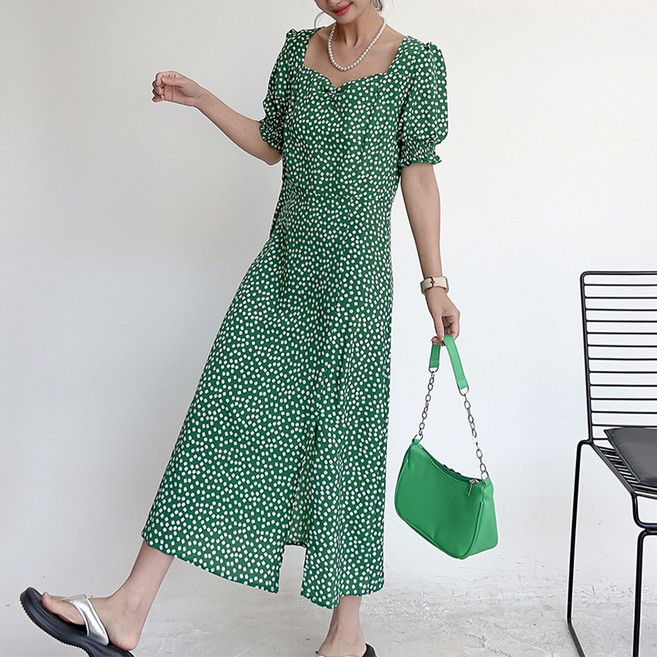 에리페 여성용 비비드 플라워 도트 롱 원피스