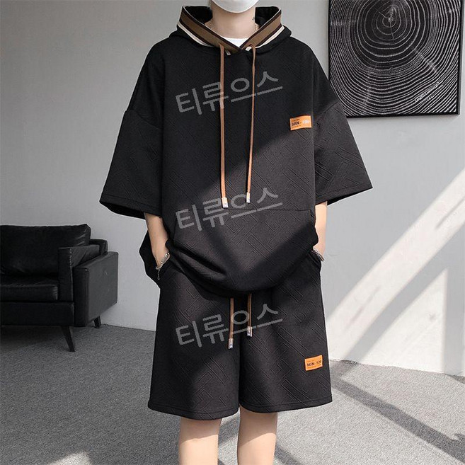 티류으스 남성용 빅사이즈 후드 반팔티 반바지 투피스 상하세트 여름 트레이닝복