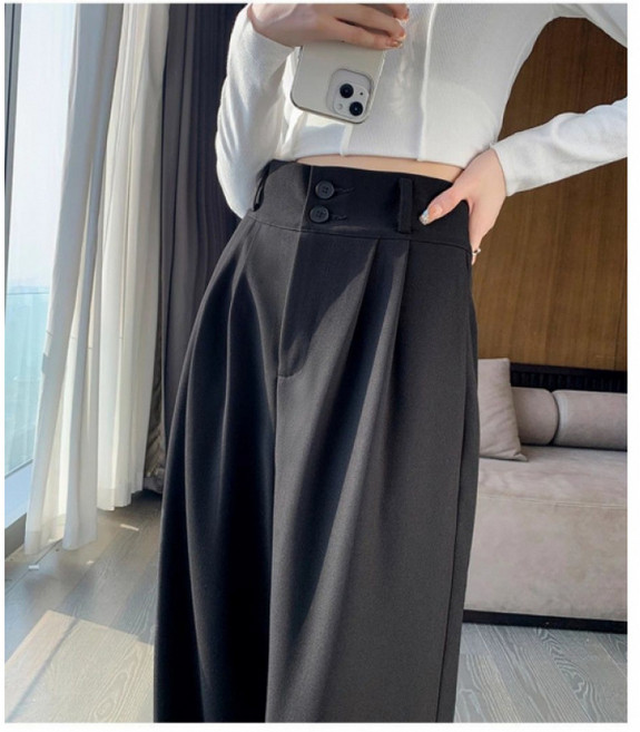 COSYEVNO 여성 정장 바지 가을 주름 더블 와이드 클래식 심플 하이웨스트 스트레이트 캐주얼 팬츠 CXJxk-10