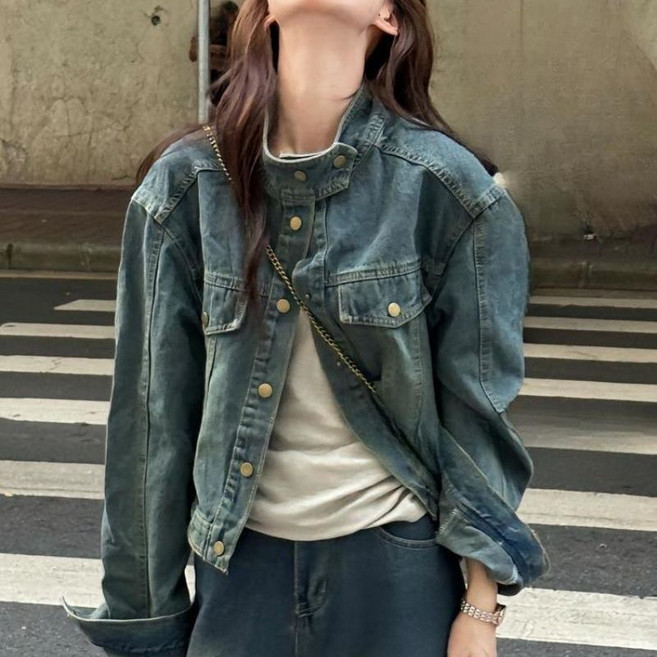 COSYEVNO 여성 봄 가을 데님 청자켓 오버핏 숏 자켓 BCXnzwt-5