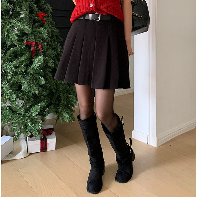 바잉몰 여성 미노프 기모 플리츠 미니 스커트 벨트 세트 -2color