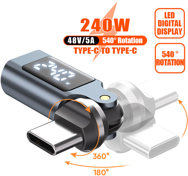 C타입 회전 충전 젠더 540도 꺾임 방지 연장 어댑터 고속충전 포트 보호 게임 침대 사용 스마트폰 태블릿 USB C 변환 커넥터 360도 회전 침대 책상 게이밍, 1개, 메탈블랙(LED Display)