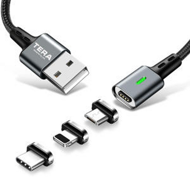 테라 2세대 마그네틱 고속충전 자석 케이블 C타입 애플 8핀 3A 고속충전 케이블 색상 랜덤, 1개, 케이블+애플8핀 커넥터 세트, 110cm