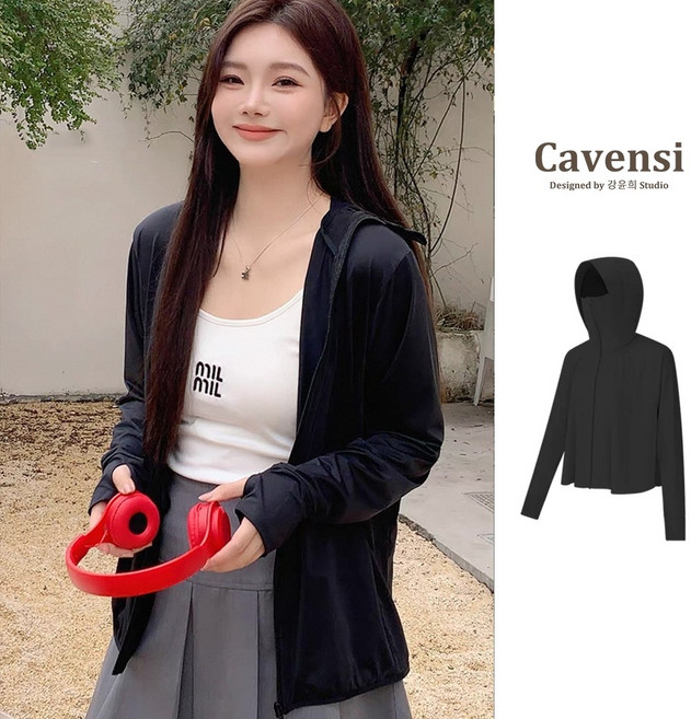 Cavensi 防曬外套 UPF50+ 連帽冰絲涼感設計, 顯瘦黑色,1XL（建議60-70公斤）
