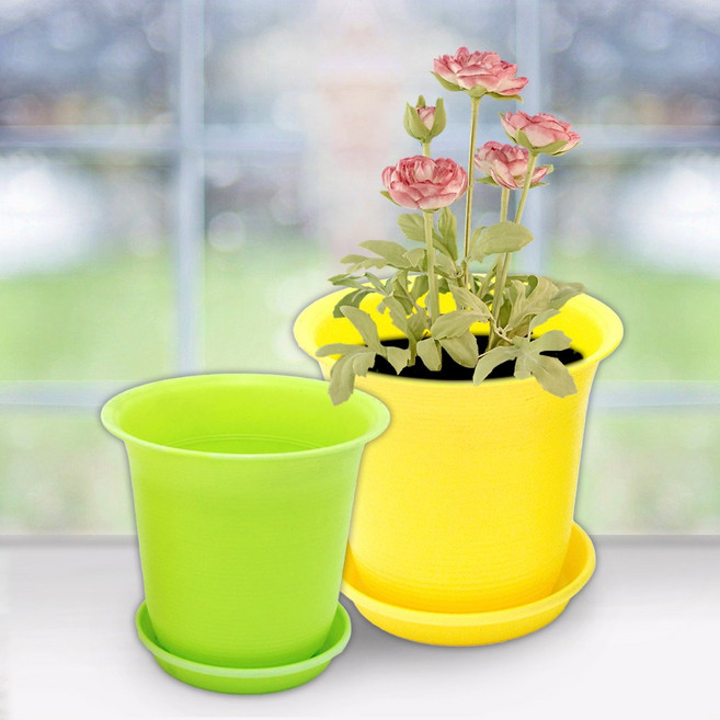 슬로시 플라스틱 컬러 원형 화분+받침대 세트 어린이집 식목일, 연두, 1개