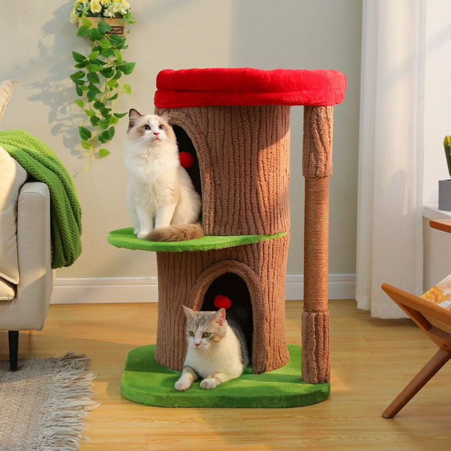 PAWZ Road 3단 패브릭 트리 하우스 고양이 캣타워 대형 숨숨집 + 스크래쳐 + 큰 사이즈 전망대, 1개, 브라운