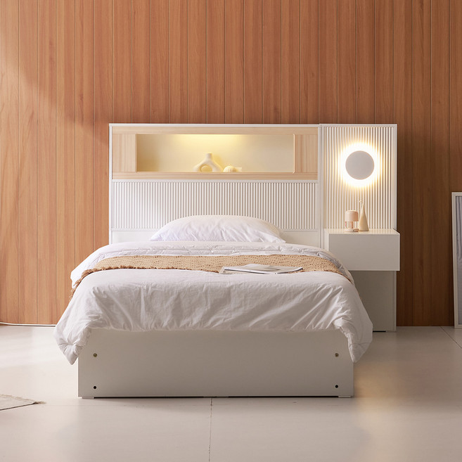 동서가구 미휴 호텔식 편백나무 LED 조명 수납침대 프레임 SS+협탁 1개 DF645265, 화이트