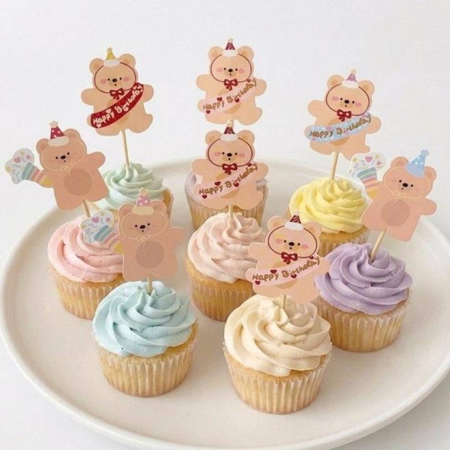 생일 파티 컵 케이크 미니 데코 픽 토퍼 Happy birthday 해피 버스데이 베이킹 카페 유치원 어린이집 아들 딸, 10개, 곰돌이