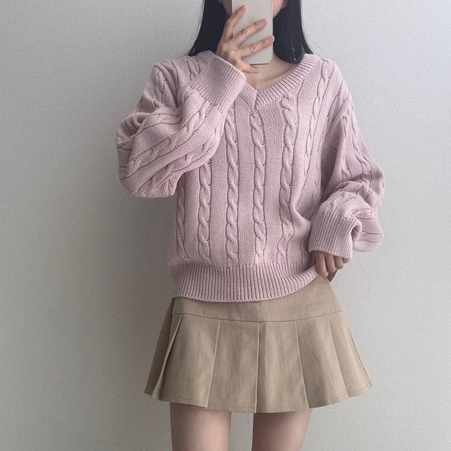 파츠 여성용 여리핏 브이넥 꽈배기 루즈핏 니트 스웨터