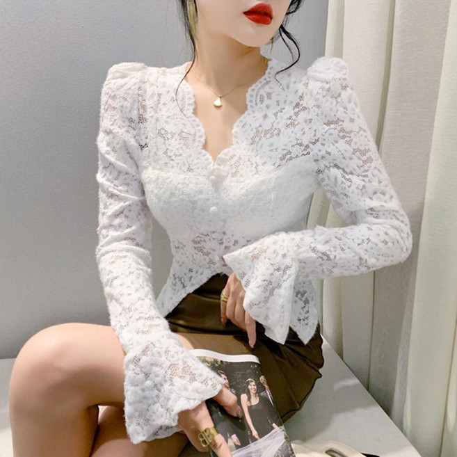 秋冬V領蕾絲衫女長袖修身氣質打底上衣, 253#白色（薄款無胸墊）,S（適合40.0-47.5公斤）