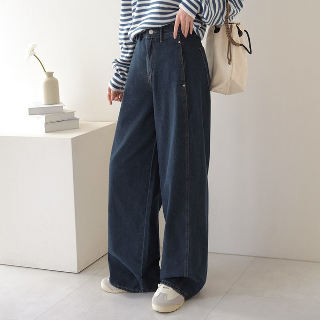 데일리앤 앤모어 S~2XL 3기장 빅사이즈 키작녀 절개 히든밴딩 배럴레그 여성 와이드 데님 팬츠