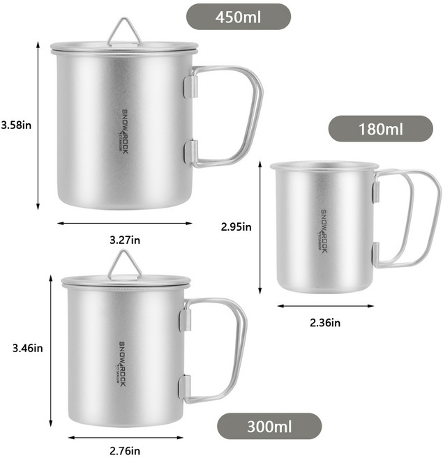 Snworock 純鈦冰花馬克杯 馬克杯套裝 戶外露營輕便收納, 1個, 180ML無蓋+300ML+450ML