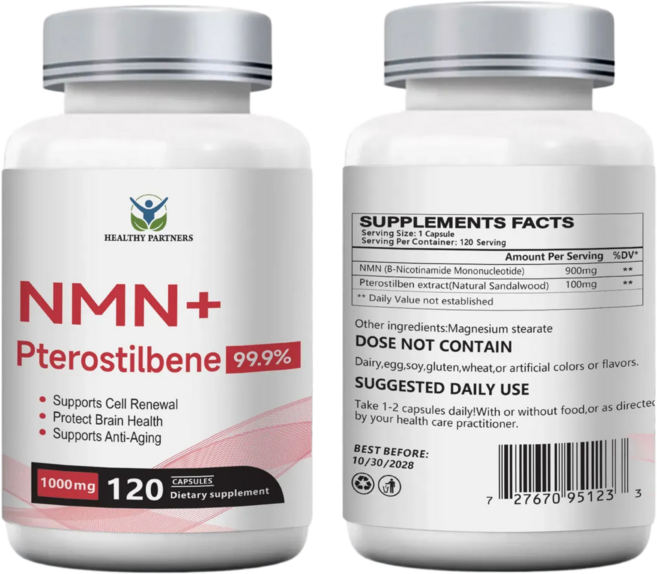 HEALTHY PARTNERS NMN 고함량 순도 1000mg 프테로스틸벤 고함량 순도 99.9% 니코틴아미드 무관세, 120정, 2개