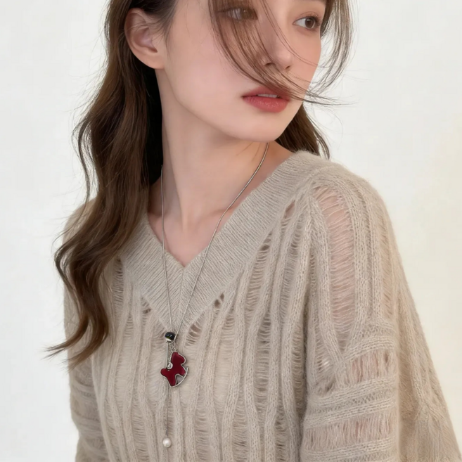 온도비움 여성 행운 말 펜던트 진주 포인트 길이조절 롱 목걸이