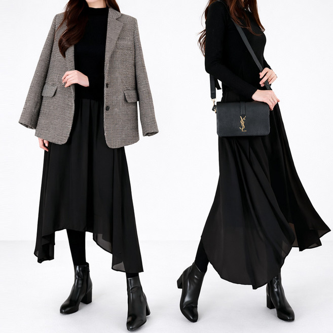 더클로 여성 쉬폰 롱 언발 스커트 치마레깅스 플레어 치렝스