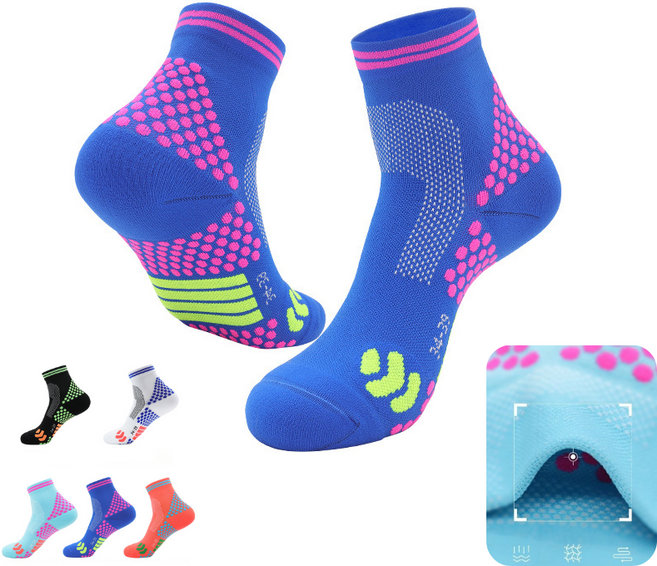 P.o.H러닝양말 미끄럼방지 스포츠양말 앵클 메쉬 통풍 도트쿠션 트레일런 마라톤 양말 남녀공용<러닝에서 제일 중요한것은 양말입니다!>, 1세트, 레인보우블루/로즈레드