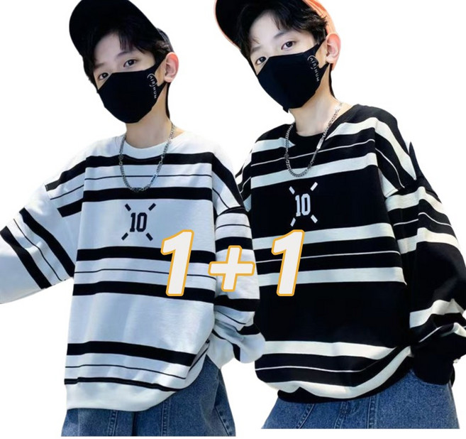 예니브 1+1 남아 주니어 봄 간기절 긴팔티 캐주얼 맨투맨 스트라이프 초등학생 티셔츠