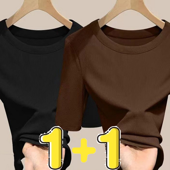 FANSYLI 1+1 반팔티셔츠 여성 봄여름 숏 라운드 슬림 5부 소매 니트티 2p 세트 빅사이즈 스판 컴포트 정장 이너 상의 X2504A8