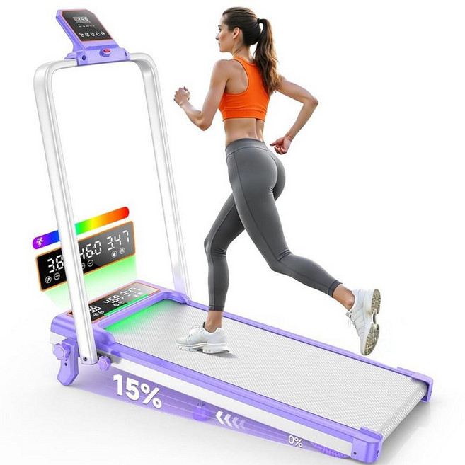 접이식 워킹 패드 15% 경사/RGB 조명/듀얼 스크린 디스플레이 가정용 3.5HP 러닝머신 핸들 바 및 조절 가능한 인클라인 4개가 있는 휴대용 패드 158.8kg(35, 퍼플_175285