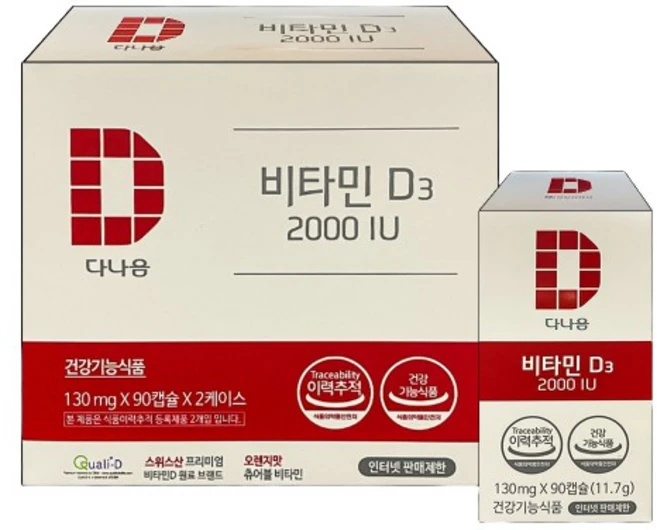 다나음 비타민D3 2000IU 대용량 180캡슐(6개월분), 90정, 2개 - 쿠팡