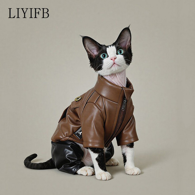 LIYIFB 애견명품옷 고양이/애견 가죽자켓 지퍼 강아지올인원, 브라운, 1개