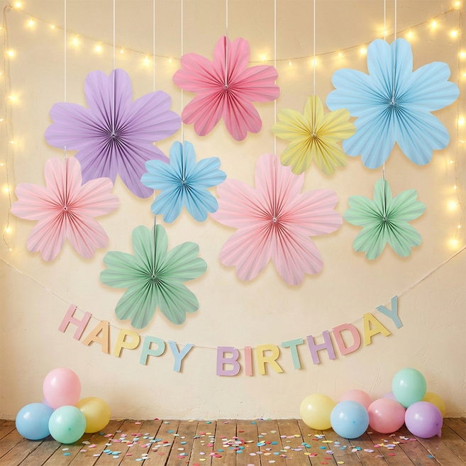 도르 페이퍼팬 플라워 파티팬 데코 9종 장식 세트, 플라워 마카롱