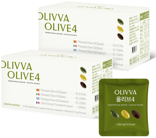 [지중해 4개국]올리바 올리브4 냉압착 엑스트라버진 올리브 오일 100% 프리미엄 EVOO 선물세트 72캡슐, 2박스, 24회분