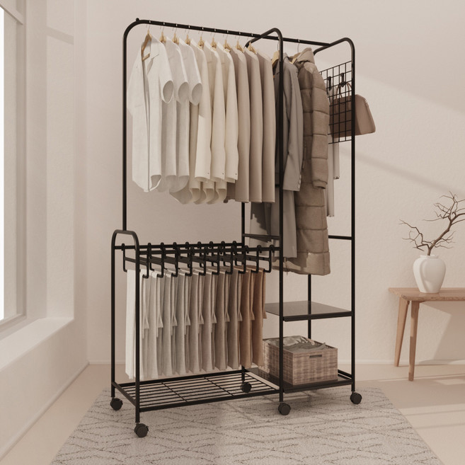 무베즈 2단 상하의 올인원 행거 확장형 바지걸이포함, 블랙