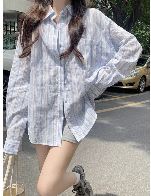梨卡 女裝 藍色條紋寬鬆襯衫 防曬長袖上衣 休閒外套