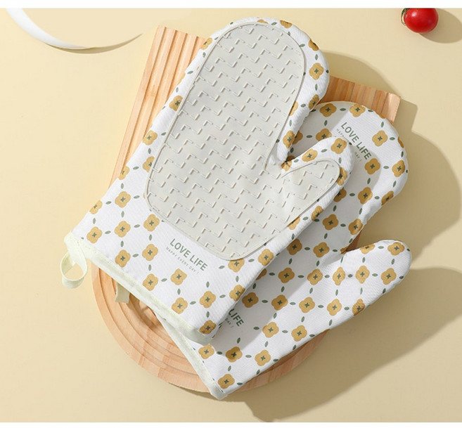 SLAP BANG 加厚矽膠隔熱手套 防燙防水防滑 廚房烘焙烤箱專用, 1個, 白色花朵(一雙)